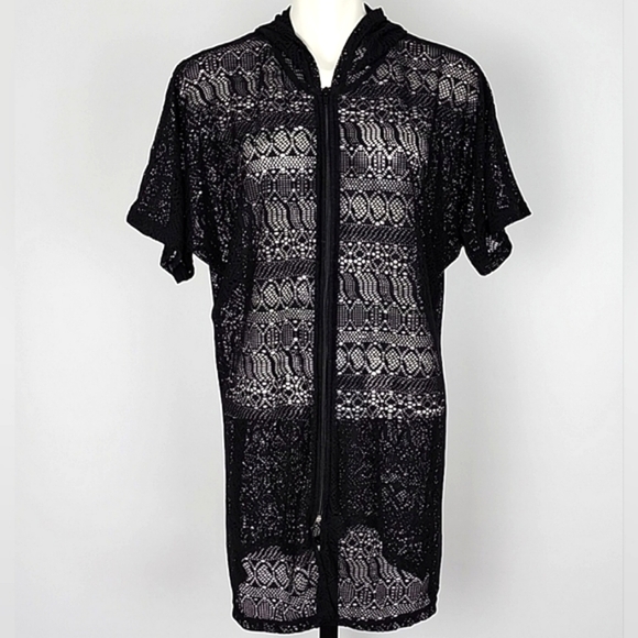 Beach Pool Cover-Up  Black Crochet Dress Hoodie Full Zip Up Short Sleeves Sz S/M - Picture 1 of 12